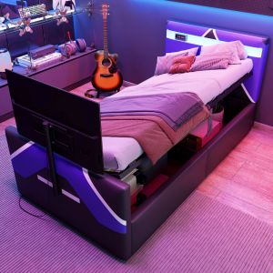 Lit enfant 90x200 cm e-sport avec LED multicolore, rangement hydraulique et support TV int&eacute;gr&eacute;, simili cuir - noir + Bleu