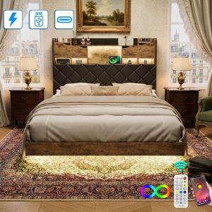 Lit 160x200 cm en bois massif, design flottant, t&ecirc;te de lit avec &eacute;tag&egrave;re de rangement et espace de stockage cach&eacute;, &eacute;clairage LED, sommier &agrave; lattes,