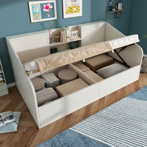 Lit coffre 90x200 cm Lit banquette hydraulique - 2 niches et USB-Type-C - Sommier inclus - Lit simple gain de place en bois - Blanc
