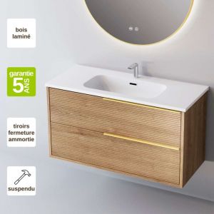 Sanizeo - Meuble de salle de bain plan vasque Céramique, 2 Tiroirs Chêne Naturel, Poignée Or, l80xh54xp45, Effet 3D, listello