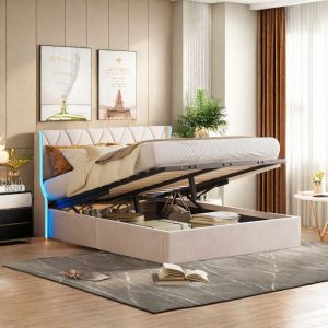 Lit coffre 140x200 cm,lit 2 Personnes led avec rangement,cadre de lit avec sommier à lattes,lit capitonné 140x200,velours,lit adulte,beige