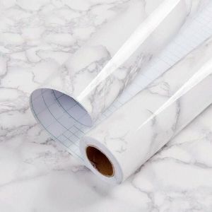 KZQ - Papier adhésif pour meubles en marbre 60 cm x 500 cm gris blanc papier peint auto-adhésif film auto-adhésif étanche pour comptoirs de cuisine