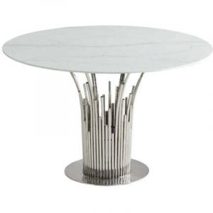 Homy France - Table à manger ronde flute Chrome verre effet marbre blanc D120cm