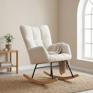 Rocking Chair 88x96cm, Fauteuil &agrave; Bascule, Fauteuil de Relaxation avec Dossier Ergonomique, Tissu Boucl&eacute;e Teddy, Pieds en M&eacute;tal et Bois, Design