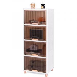 Costway - Bo&icirc;te Rangement Plastique 150 l, 4 Caisses Pliables avec Couvercles, Portes Magn&eacute;tiques, Boite Empilable sur Pied pour Chaussures, Jouets,