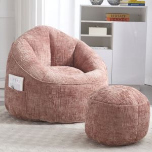 Pouf Canapé Chaise, Fauteuil relax, tissu chenille, Fauteuil poire pour adulte avec repose-pieds, pour chambre et salon, rose