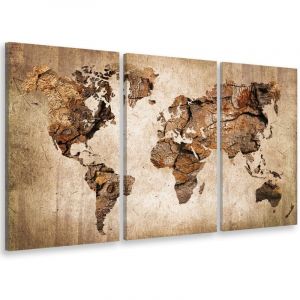 Tableau triptyque carte du monde couleur bois - 90x60 cm