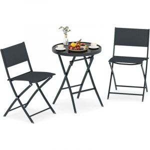 COSTWAY Ensemble Bistro Pliant 3 Pi&egrave;ces, Salon de Jardin avec Si&egrave;ge en Tissu Respirant et Plateau en Verre Tremp&eacute;, Mobilier de Salle &agrave; Manger de