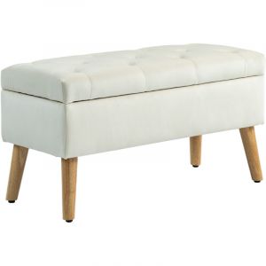 Banc coffre de rangement en tissu velours, pieds en bois massif, capacit&eacute; 120 kg, dimensions 80x35x42 cm, couleur cr&egrave;me, rangement salon