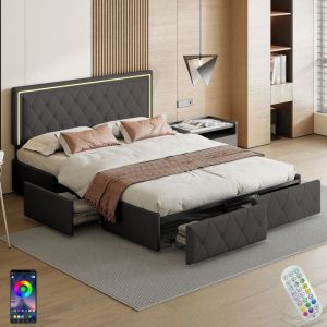 Lit double 140x190 cm, avec 4 tiroirs de rangement, éclairage led, sommier à lattes en bois, cadre en métal, lit capitonné en similicuir - Gris