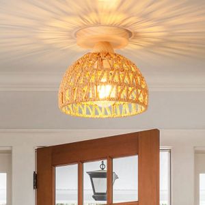 R&eacute;tro Plafonnier en Bois et Bambou Lustre Industriel E27 Luminaire Abat-Jour Design Spirale Cage Lampe Suspension Vintage LED &Eacute;clairage de Plafond