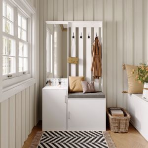 Ensemble de meubles d'entr&eacute;e 100x40x180cm - Vestiaire 3-en-1 avec miroir, porte-manteau 4 crochets et banc &agrave; chaussures - MDF - Blanc