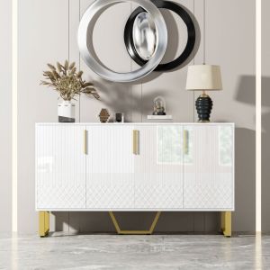 Modfu - Buffet laqué brillant avec 4 portes, poignées et pieds en métal, design géométrique moderne, blanc, dimensions 140 x 40 x 80 cm