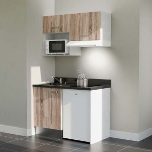 Cuisibane - Kitchenette K02L - 120 cm - plan monobloc évier intégré Nero- évier à gauche - Façades Bois + Electroménager inclus coloris Blanc