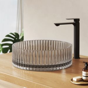 EMKE Lavabo &agrave; poser en verre cristal, Vasque pour salle de bains Rond sans trou de robinetterie, 400x400x120 mm Gris Transparent