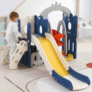 Toboggan Enfant 5 en 1 avec Balan&ccedil;oire, Enfants Balan&ccedil;oire Toboggan autoportant avec Panier de Basket, &eacute;chelle d'escalade, Glissi&egrave;re Int&eacute;rieur et