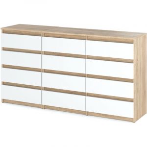 Commode / commode avec 12 tiroirs (8+4) - H92cm B180cm D33cm, sonoma oak / matt white