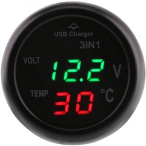 Thermom&egrave;tre de voiture, voltm&egrave;tre, allume-cigare avec chargeur USB, affichage LED double de 3 pouces, voltm&egrave;tre num&eacute;rique, thermom&egrave;tre,