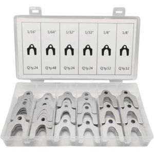 Kit de 144 cales de r&eacute;glage de carrosserie avec bo&icirc;te de rangement, &eacute;paisseurs 1/8", 1/16", 1/32" et 1/64", pour le r&eacute;glage du carrossage.