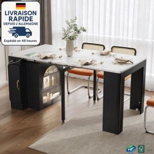 Desserte de cuisine -&Icirc;lot de cuisine mobile blanc/noir, table extensible 3 plateaux 83&ndash;149,6&times;77 cm, plateau effet marbre, MDF+verre, LED, prises