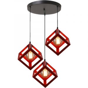 Plafonnier Antique &agrave; 3 Lumi&egrave;res Lustre Creative Cube Rouge Suspension Luminaire R&eacute;tro En M&eacute;tal, Pour Bureau, Chambre &agrave; Coucher, Cuisine, Bar, E27