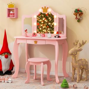 Goplus - Coiffeuse Enfant Fille avec Miroir led 3 Couleurs, Table de Maquillage avec Tabouret, Miroir à 3 Volets, Accessoires, 2 en 1 Bureau