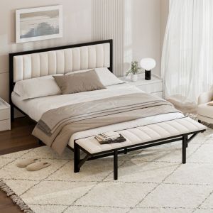 Lit adulte 160x200cm avec banquette pliable - lit double - cadre en fer avec sommier à lattes en bois et tête de lit - velours beige