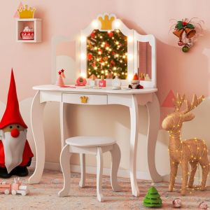 Coiffeuse Enfant Fille avec Miroir led 3 Couleurs, Table de Maquillage avec Tabouret, Miroir à 3 Volets, Accessoires, 2 en 1 Bureau Coiffeuse Enfant
