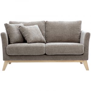 Canap&eacute; scandinave d&eacute;houssable 2 places en tissu effet velours textur&eacute; taupe et bois clair OSLO
