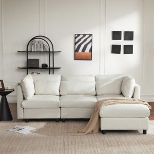 Sureh - Canapé moderne 3 places, canapé en lin avec pouf, 5 coussins offerts, canapé d'angle en forme de l, rembourrage en éponge et sac à ressorts