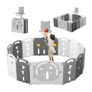 Parc B&eacute;b&eacute; 14 Panneaux,Barri&egrave;re de S&eacute;curit&eacute; Portail Parc XL avec Panier de Basket,Centre d'activit&eacute;s de s&eacute;curit&eacute;,Plastique,Pliable,Gris