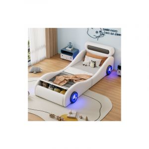 Wishdor - Lit voiture Lit enfant 90x200 cm avec rangement et roulettes &eacute;clair&eacute;es, forme voiture, sans matelas, blanc
