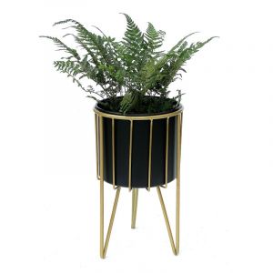 Tabouret de fleur avec pot M&eacute;tal Or Noir Rond m 40 cm Support de fleur 96039 Colonne de fleur Moderne Support de plante Tabouret de plante - Dandibo