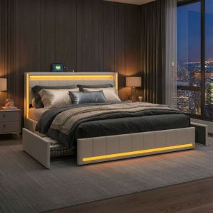 Lit 140x190 cm avec 4 tiroirs, lit adulte capitonn&eacute;, sommier &agrave; lattes, &eacute;clairage LED r&eacute;glable, deux ports USB/C, style scandinave, Lin - Beige