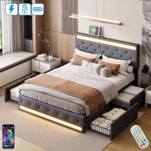 Lit 140x190 cm, 2 places, avec 4 tiroir, led, port usb-a/c, têtes de lit boutons, sommier à lattes en bois, cadre en métal, lit double capitonné en