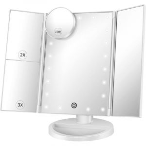 Linghhang - Miroir de Maquillage &eacute;clair&eacute; - avec grossissement 10X 3X 2X, Miroir &agrave; Trois Volets avec lumi&egrave;res, Interrupteur &agrave; &eacute;cran Tactile, Support
