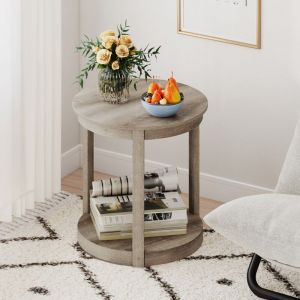 Table Basse Ronde &agrave; 2 Niveaux Table de Canap&eacute; en Bois Caoutchouc Table de Caf&eacute; Table D'appoint Style Maison de Campagne Gris