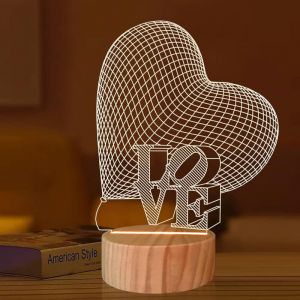 3D Illusion Veilleuse, Lampe Hologramme Coeur, Tri-ombrage Chaud LED Veilleuse De Chevet Enfants Chambre D&eacute;coration Romantique Saint Valentin Cadeau