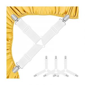 Tendeur Drap Housse, Set de 4 Pièces Blanches Aattache Drap Housse, Élastiques Ajustables Sangle Drap Housse avec Pinces Métalliques pour Draps de