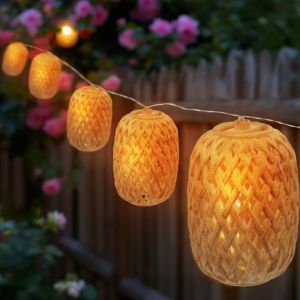 Guirlande lumineuse solaire avec 10 lampions ovales en rotin - 450 cm - Éclairage led déco de jardin blanc chaud