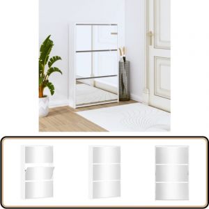 Armoire chaussures miroir 3niveaux Blanc brillant 63x17x102,5cm - Meuble Chaussure - Armoire &agrave; Chaussures - Rangements Chaussures - &Eacute;tag&egrave;re