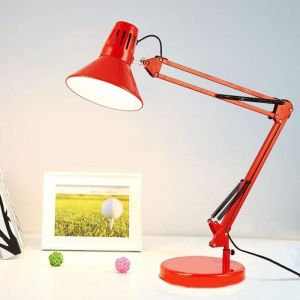Lampe de bureau LED avec protection oculaire, lampe de table d'architecte en m&eacute;tal, bras pivotant r&eacute;glable super long pour la lecture，rouge