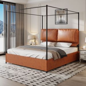Lit double rembourré Cuir 180x200 cm Lit adulte avec Cadre de lit fer et Tête de lit haute Support rideau de lit Multifonctionnel Style moderne