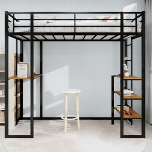Lit mezzanine fer 200x107x180 avec bureau en L et double escalier - Sommier inclus, barrière de sécurité - Enfant/ado - Noir (sans Matelas)