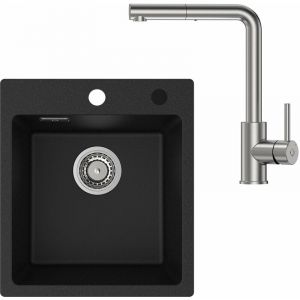 Cecipa - Evier Cuisine Noir 1 Bac Granit 40x45cm+Robinet Cuisine Douchette, &Eacute;vier de Granit Rectangulaire, Petit Evier Granit, Cuve Simple avec