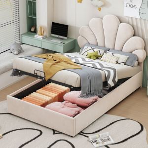 Lit enfant capitonn&eacute; 90 x 200 cm, avec t&ecirc;te de lit fleurie et sommier &agrave; lattes, avec t&ecirc;te de lit r&eacute;glable en hauteur et rangements hydrauliques,