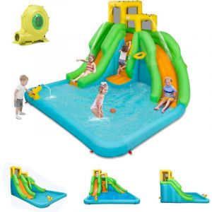 Château Gonflable avec 2 Toboggans&Piscine, Parc Aquatique avec Mur d'Escalade & Panier de Basket, Aire de Jeux Gonflable,Meilleur Cadeau pour 3