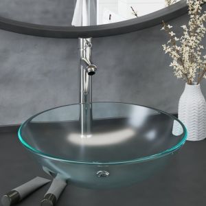 Lavabo, Vasque de bain avec robinet et drain &agrave; poussoir Verre tremp&eacute; FR940369 DESIGN IN