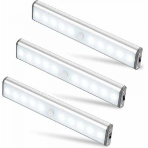 Lot de 3 Lampes 10 LED, Sans Fil, Rechargeable par USB, Aimant&eacute;, D&eacute;tecteur de Mouvement, 2 Modes d&rsquo;&Eacute;clairage, Portable. Lumi&egrave;re de Placard, Baladeuse