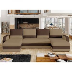 Les Tendances - Canapé d'angle convertible panoramique bicolore tissu marron clair et marron foncé Nordy 307cm